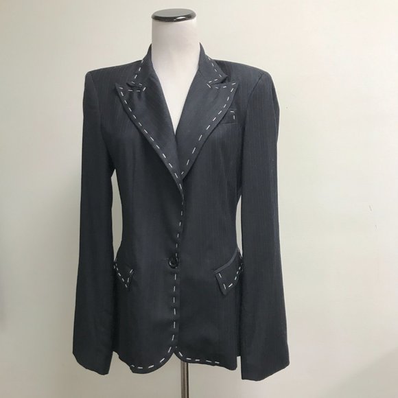 Unconditional Black blue pinstripe stitched embroidered wool silk lined blazer M - Picture 3 of 8